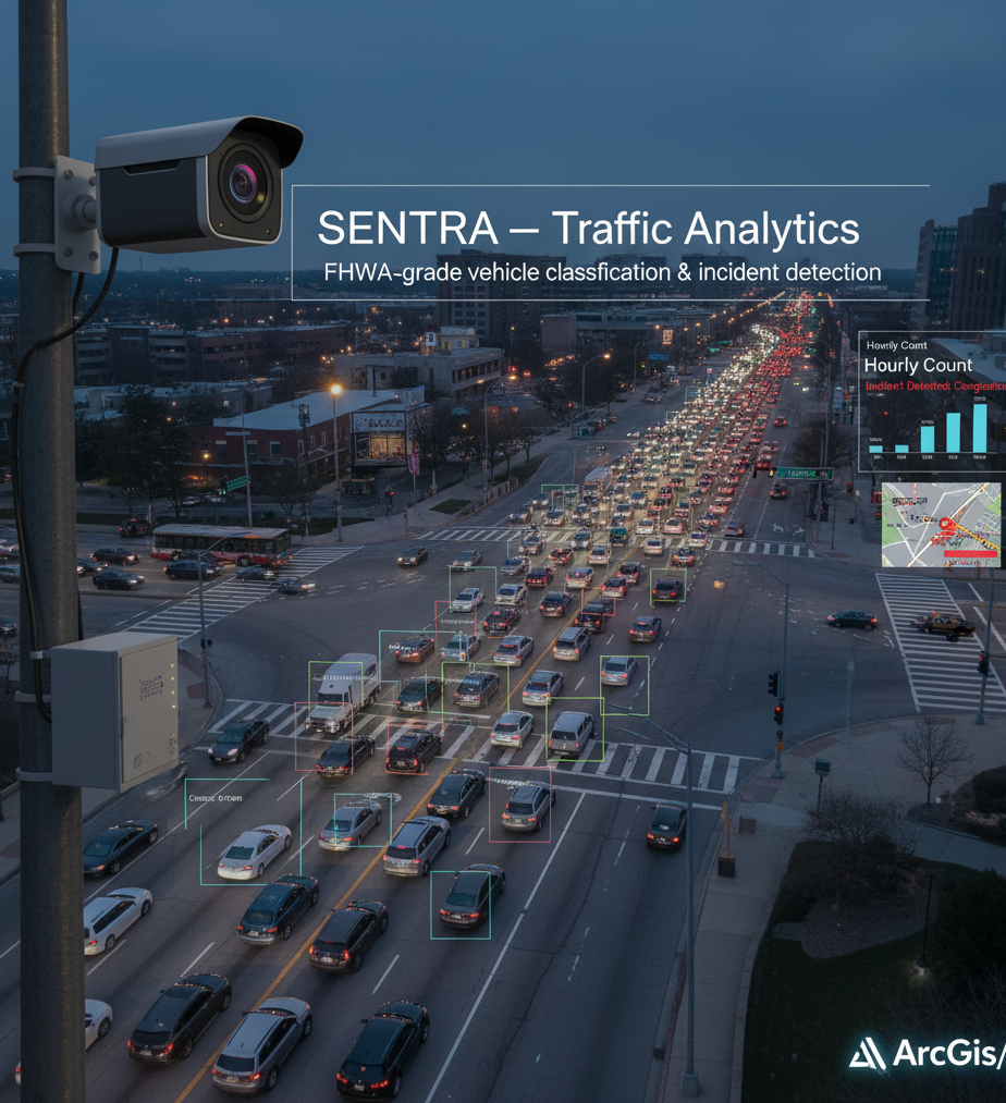 SENTRA traffic analytics showing real-time vehicle classification and incident detection with ArcGIS integration